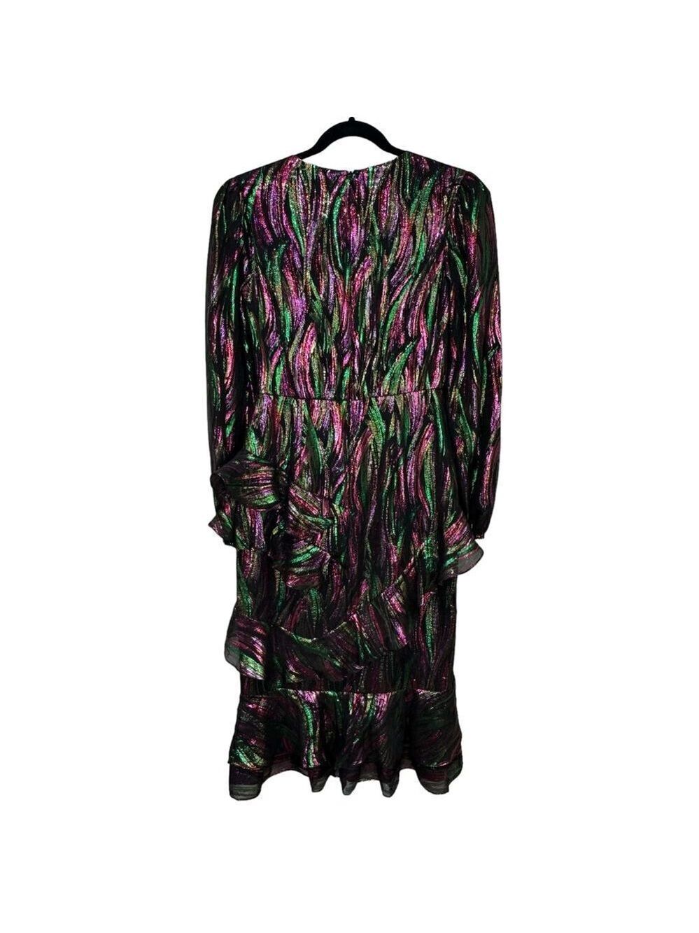 NEW Saloni Alya Black Rainbow Oilspill Silk Metallic Midi Dress Size 4 - Picture 10 of 16